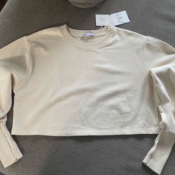 ZARA Beige Combination Sweatshirt Top with Thumbholes - Size L - NEW - Picture 3 of 5
